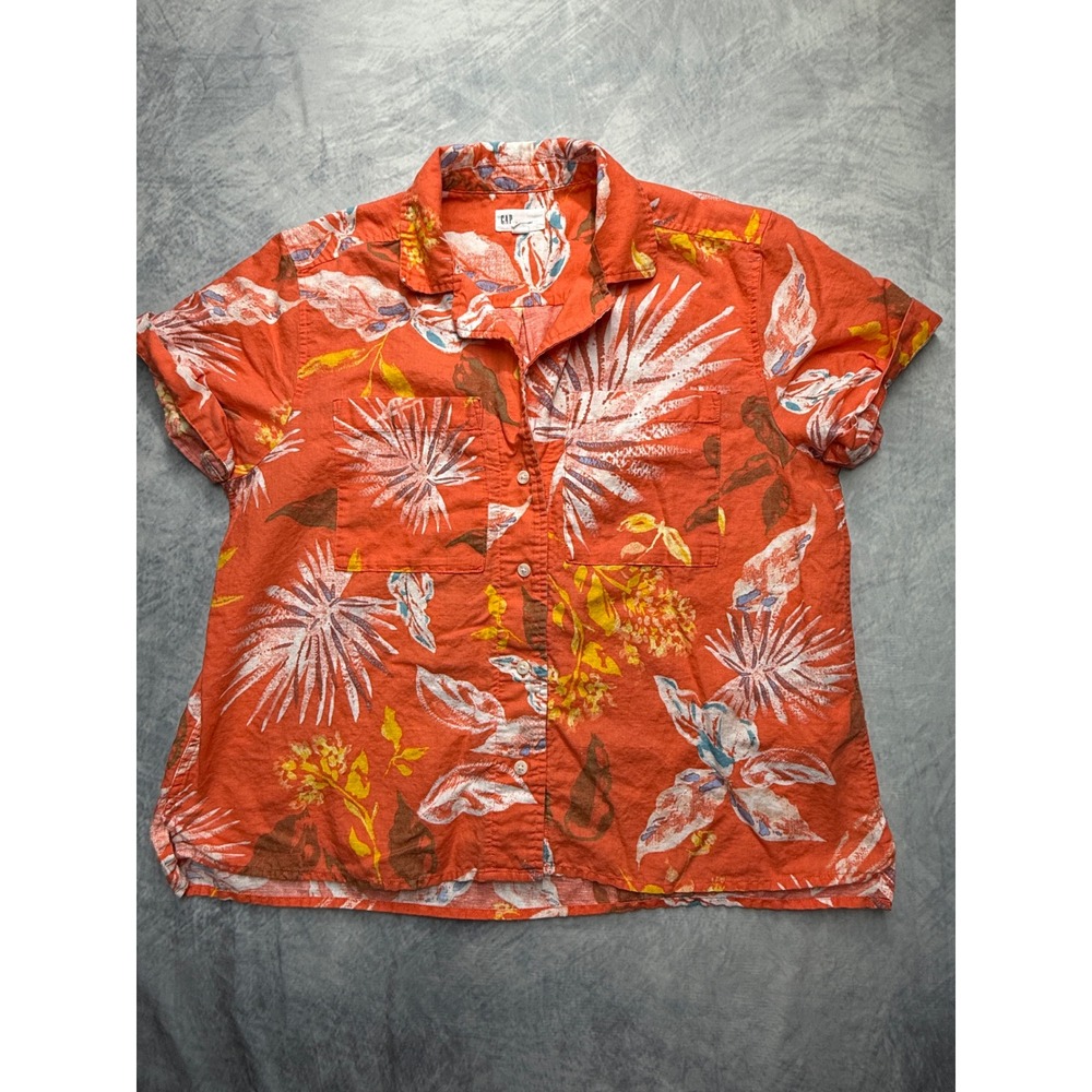 Gap Camp Shirt womens sz L tropical Floral Linen Cotton Button Up vacation beach